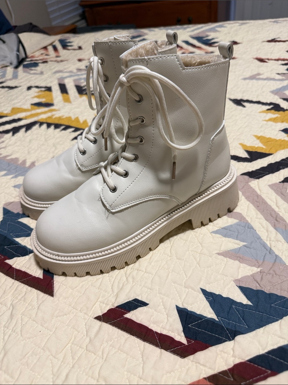 White Lace-Up Chunky Combat Boots